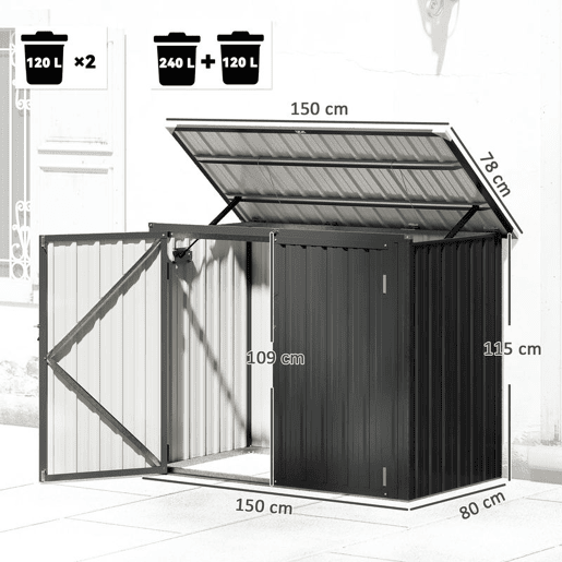 Outsunny Abrigo para Contentores de Lixo Duplo Casota para Contentores de Lixo de 240L em Aço Galvanizado com Tampa Dobrável e Portas com Fecho para Jardim Exterior 150x80x117 cm Cinzento Escuro Outsunny Abrigo para Contentores de Lixo Duplo Casota para Contentores de Lixo de 240L em Aço Galvanizado com Tampa Dobrável e Portas com Fecho para Jardim Exterior 150x80x117 cm Cinzento Escuro