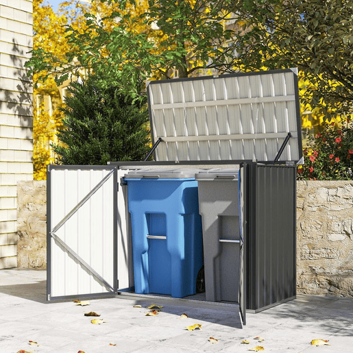 Outsunny Abrigo para Contentores de Lixo Duplo Casota para Contentores de Lixo de 240L em Aço Galvanizado com Tampa Dobrável e Portas com Fecho para Jardim Exterior 150x80x117 cm Cinzento Escuro Outsunny Abrigo para Contentores de Lixo Duplo Casota para Contentores de Lixo de 240L em Aço Galvanizado com Tampa Dobrável e Portas com Fecho para Jardim Exterior 150x80x117 cm Cinzento Escuro