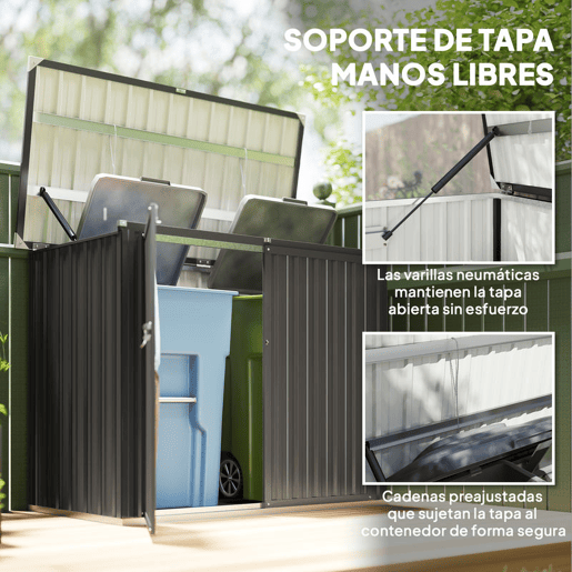Outsunny Abrigo para Contentores de Lixo Duplo Casota para Contentores de Lixo de 240L em Aço Galvanizado com Tampa Dobrável e Portas com Fecho para Jardim Exterior 150x80x117 cm Cinzento Escuro Outsunny Abrigo para Contentores de Lixo Duplo Casota para Contentores de Lixo de 240L em Aço Galvanizado com Tampa Dobrável e Portas com Fecho para Jardim Exterior 150x80x117 cm Cinzento Escuro