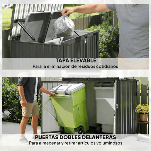 Outsunny Abrigo para Contentores de Lixo Duplo Casota para Contentores de Lixo de 240L em Aço Galvanizado com Tampa Dobrável e Portas com Fecho para Jardim Exterior 150x80x117 cm Cinzento Escuro Outsunny Abrigo para Contentores de Lixo Duplo Casota para Contentores de Lixo de 240L em Aço Galvanizado com Tampa Dobrável e Portas com Fecho para Jardim Exterior 150x80x117 cm Cinzento Escuro