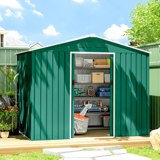 Outsunny Abrigo de Jardim Exterior 3,6 m², 236x171x191 cm, Abrigo Metálico com Portas Deslizantes e Ranhuras de Ventilação, para Armazenamento de Ferramentas, Verde