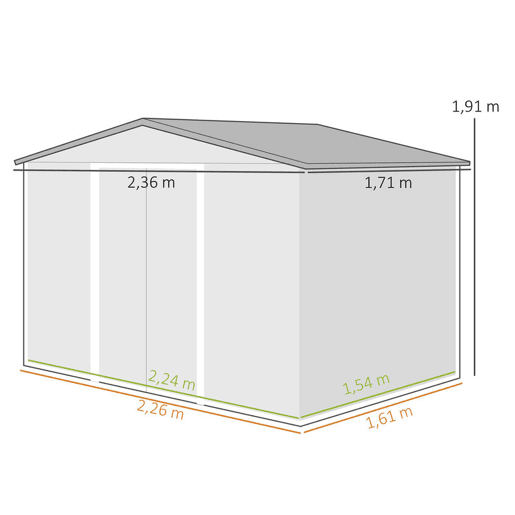 Outsunny Abrigo de Jardim Exterior 3,6 m², 236x171x191 cm, Abrigo Metálico com Portas Deslizantes e Ranhuras de Ventilação, para Armazenamento de Ferramentas, Verde