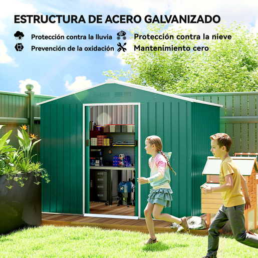 Outsunny Abrigo de Jardim Exterior 3,6 m², 236x171x191 cm, Abrigo Metálico com Portas Deslizantes e Ranhuras de Ventilação, para Armazenamento de Ferramentas, Verde