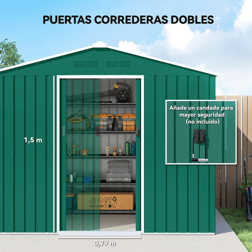 Outsunny Abrigo de Jardim Exterior 3,6 m², 236x171x191 cm, Abrigo Metálico com Portas Deslizantes e Ranhuras de Ventilação, para Armazenamento de Ferramentas, Verde