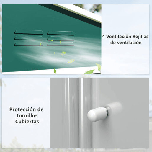 Outsunny Abrigo de Jardim Exterior 3,6 m², 236x171x191 cm, Abrigo Metálico com Portas Deslizantes e Ranhuras de Ventilação, para Armazenamento de Ferramentas, Verde