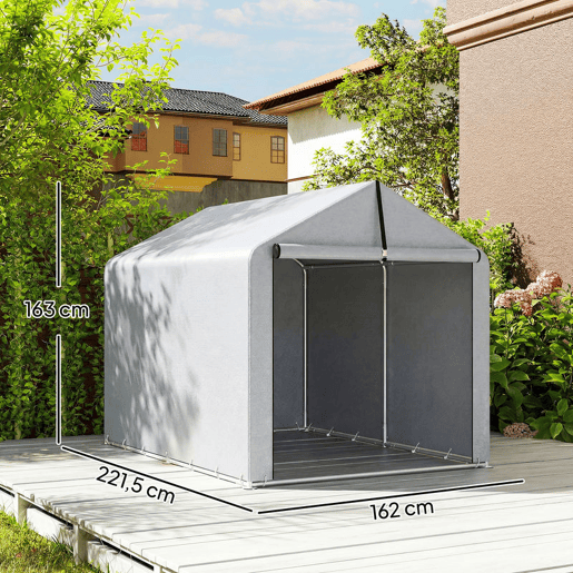 Outsunny Abrigo de Jardim Exterior para Ferramentas e Bicicletas 1,6x2,2x1,6 m Estrutura de Aço Galvanizado com Porta Enrolável, Impermeável e Anti-UV Cinzento