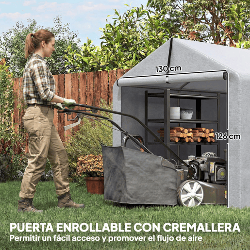 Outsunny Abrigo de Jardim Exterior para Ferramentas e Bicicletas 1,6x2,2x1,6 m Estrutura de Aço Galvanizado com Porta Enrolável, Impermeável e Anti-UV Cinzento