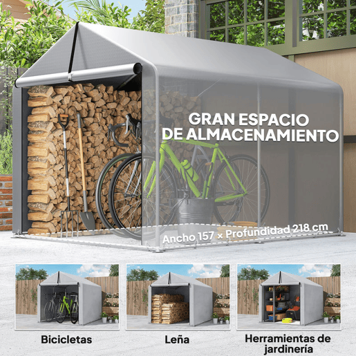 Outsunny Abrigo de Jardim Exterior para Ferramentas e Bicicletas 1,6x2,2x1,6 m Estrutura de Aço Galvanizado com Porta Enrolável, Impermeável e Anti-UV Cinzento