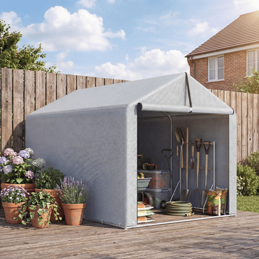 Outsunny Abrigo de Jardim Exterior para Ferramentas e Bicicletas 1,6x2,2x1,6 m Estrutura de Aço Galvanizado com Porta Enrolável, Impermeável e Anti-UV Cinzento
