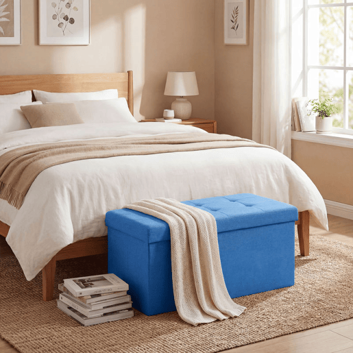 HOMCOM Puff de Armazenamento Banco de Armazenamento Dobrável 84 L, 76x38x38 cm Estofado em Linho Sintético Baú de Armazenamento Carga 120 kg Banqueta para Sala de Estar Quarto, Entrada Azul Claro