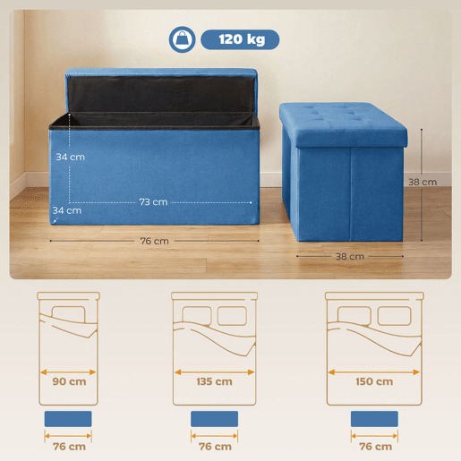 HOMCOM Puff de Armazenamento Banco de Armazenamento Dobrável 84 L, 76x38x38 cm Estofado em Linho Sintético Baú de Armazenamento Carga 120 kg Banqueta para Sala de Estar Quarto, Entrada Azul Claro