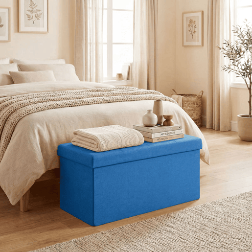 HOMCOM Puff de Armazenamento Banco de Armazenamento Dobrável 84 L, 76x38x38 cm Estofado em Linho Sintético Baú de Armazenamento Carga 120 kg Banqueta para Sala de Estar Quarto, Entrada Azul Claro