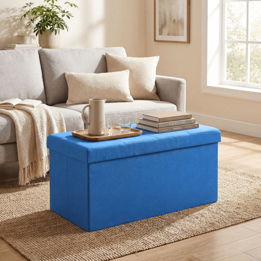HOMCOM Puff de Armazenamento Banco de Armazenamento Dobrável 84 L, 76x38x38 cm Estofado em Linho Sintético Baú de Armazenamento Carga 120 kg Banqueta para Sala de Estar Quarto, Entrada Azul Claro
