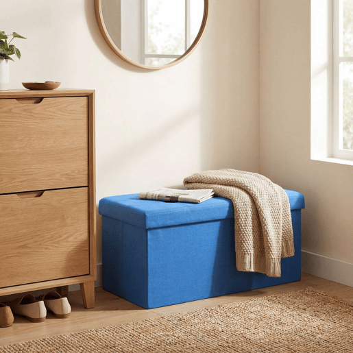 HOMCOM Puff de Armazenamento Banco de Armazenamento Dobrável 84 L, 76x38x38 cm Estofado em Linho Sintético Baú de Armazenamento Carga 120 kg Banqueta para Sala de Estar Quarto, Entrada Azul Claro
