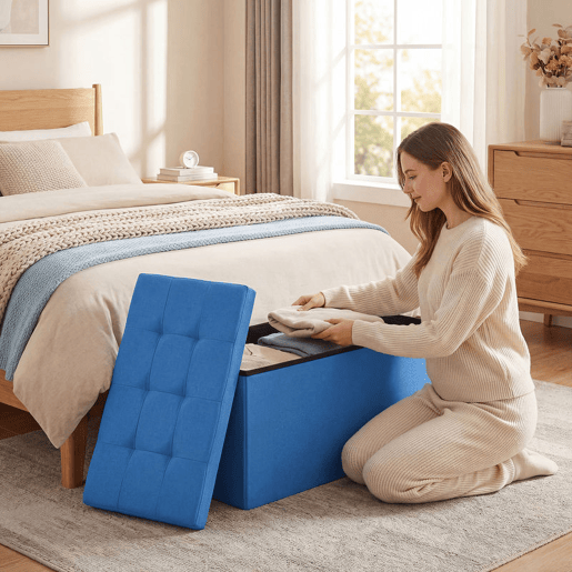 HOMCOM Puff de Armazenamento Banco de Armazenamento Dobrável 84 L, 76x38x38 cm Estofado em Linho Sintético Baú de Armazenamento Carga 120 kg Banqueta para Sala de Estar Quarto, Entrada Azul Claro