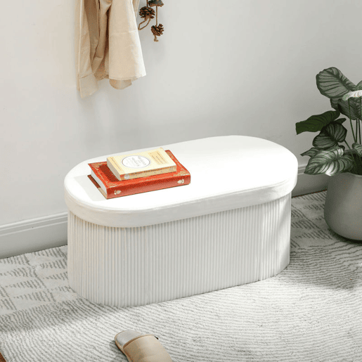 HOMCOM Puff de Arrumação Banco Dobrável 72 L 76x38x35 cm Estofado em Veludo Baú de Arrumação Suporta 120 kg para Sala Quarto, Entrada Creme