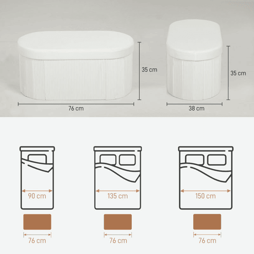 HOMCOM Puff de Arrumação Banco Dobrável 72 L 76x38x35 cm Estofado em Veludo Baú de Arrumação Suporta 120 kg para Sala Quarto, Entrada Creme