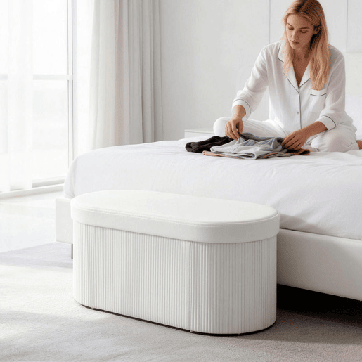 HOMCOM Puff de Arrumação Banco Dobrável 72 L 76x38x35 cm Estofado em Veludo Baú de Arrumação Suporta 120 kg para Sala Quarto, Entrada Creme