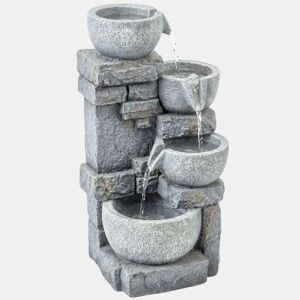 Outsunny Fonte de Água Decorativa com Iluminação LED e Bomba, Fonte de Jardim Exterior em Cascata de 4 Níveis, Fluxo Ajustável, Resistente às Intempéries, para Jardim, Terraço, Pátio, Cinzento