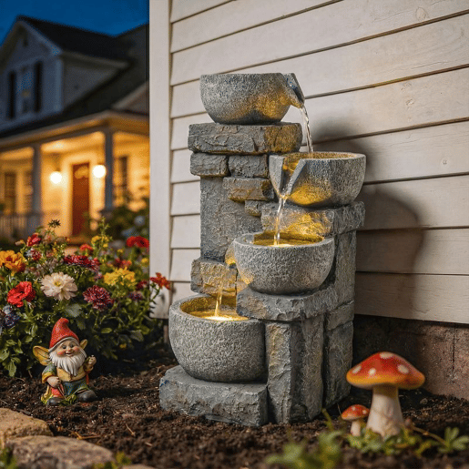 Outsunny Fonte de Água Decorativa com Iluminação LED e Bomba, Fonte de Jardim Exterior em Cascata de 4 Níveis, Fluxo Ajustável, Resistente às Intempéries, para Jardim, Terraço, Pátio, Cinzento