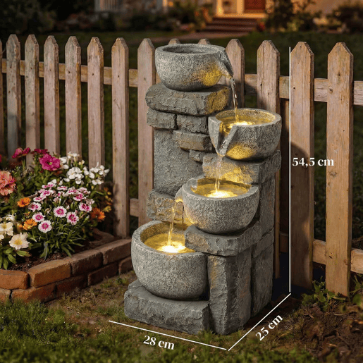 Outsunny Fonte de Água Decorativa com Iluminação LED e Bomba, Fonte de Jardim Exterior em Cascata de 4 Níveis, Fluxo Ajustável, Resistente às Intempéries, para Jardim, Terraço, Pátio, Cinzento