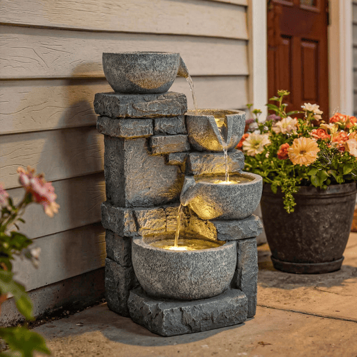 Outsunny Fonte de Água Decorativa com Iluminação LED e Bomba, Fonte de Jardim Exterior em Cascata de 4 Níveis, Fluxo Ajustável, Resistente às Intempéries, para Jardim, Terraço, Pátio, Cinzento