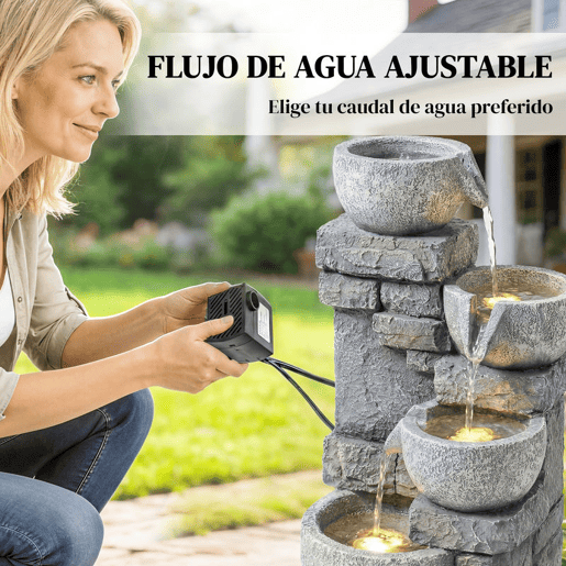 Outsunny Fonte de Água Decorativa com Iluminação LED e Bomba, Fonte de Jardim Exterior em Cascata de 4 Níveis, Fluxo Ajustável, Resistente às Intempéries, para Jardim, Terraço, Pátio, Cinzento