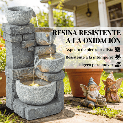 Outsunny Fonte de Água Decorativa com Iluminação LED e Bomba, Fonte de Jardim Exterior em Cascata de 4 Níveis, Fluxo Ajustável, Resistente às Intempéries, para Jardim, Terraço, Pátio, Cinzento