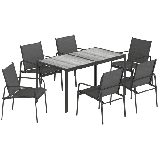 Outsunny Conjunto de Mesa e Cadeiras de Jardim de 7 Peças Mobiliário de Exterior com Mesa com Efeito Madeira e 6 Cadeiras com Assento Respirável Estrutura em Aço Galvanizado para Terraço Pátio Preto