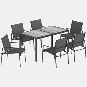 Outsunny Conjunto de Mesa e Cadeiras de Jardim de 7 Peças Mobiliário de Exterior com Mesa com Efeito Madeira e 6 Cadeiras com Assento Respirável Estrutura em Aço Galvanizado para Terraço Pátio Preto