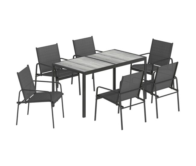 Outsunny conjunto de mesa y sillas jardín de 7 piezas, muebles de jardín exterior con mesa de efecto madera y 6 sillas con asiento transpirable, marco