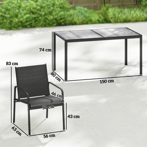Outsunny Conjunto de Mesa e Cadeiras de Jardim de 7 Peças Mobiliário de Exterior com Mesa com Efeito Madeira e 6 Cadeiras com Assento Respirável Estrutura em Aço Galvanizado para Terraço Pátio Preto