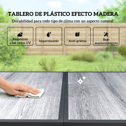 Outsunny Conjunto de Mesa e Cadeiras de Jardim de 7 Peças Mobiliário de Exterior com Mesa com Efeito Madeira e 6 Cadeiras com Assento Respirável Estrutura em Aço Galvanizado para Terraço Pátio Preto
