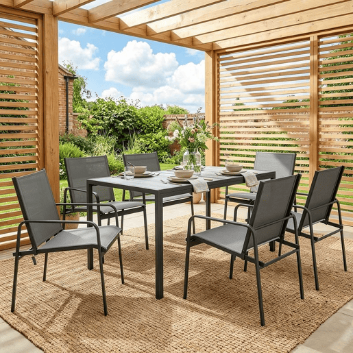 Outsunny Conjunto de Mesa e Cadeiras de Jardim de 7 Peças Mobiliário de Exterior com Mesa com Efeito Madeira e 6 Cadeiras com Assento Respirável Estrutura em Aço Galvanizado para Terraço Pátio Preto