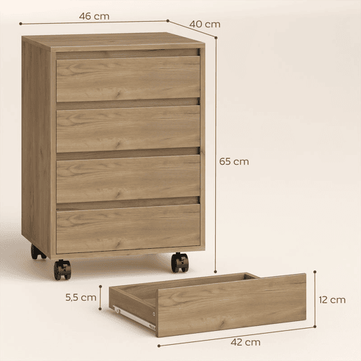 HOMCOM Bloco de Gavetas de Escritório com 4 Gavetas Bloco de Gavetas com Rodas Arquivador Móvel para Estudo 46x40x65 cm Castanho