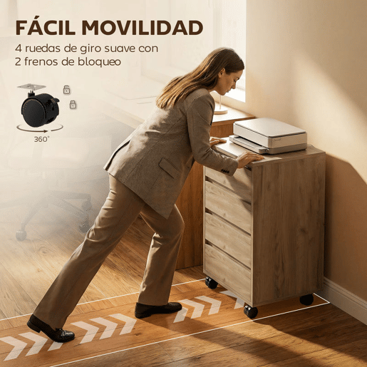 HOMCOM Bloco de Gavetas de Escritório com 4 Gavetas Bloco de Gavetas com Rodas Arquivador Móvel para Estudo 46x40x65 cm Castanho