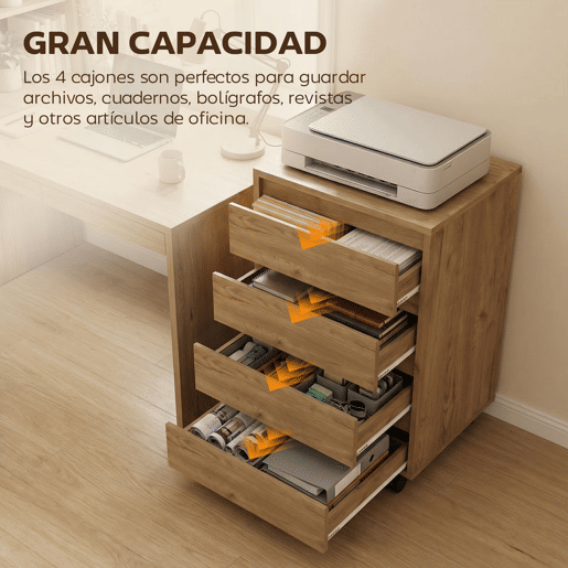 HOMCOM Bloco de Gavetas de Escritório com 4 Gavetas Bloco de Gavetas com Rodas Arquivador Móvel para Estudo 46x40x65 cm Castanho