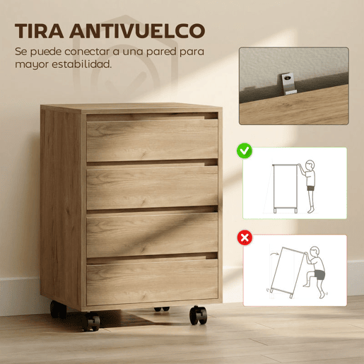 HOMCOM Bloco de Gavetas de Escritório com 4 Gavetas Bloco de Gavetas com Rodas Arquivador Móvel para Estudo 46x40x65 cm Castanho