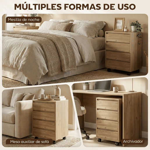 HOMCOM Bloco de Gavetas de Escritório com 4 Gavetas Bloco de Gavetas com Rodas Arquivador Móvel para Estudo 46x40x65 cm Castanho