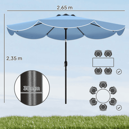 Outsunny Chapéu de Sol para Jardim Ø2,7 m com Inclinação Ajustável, Manivela e Volante Azul Celeste