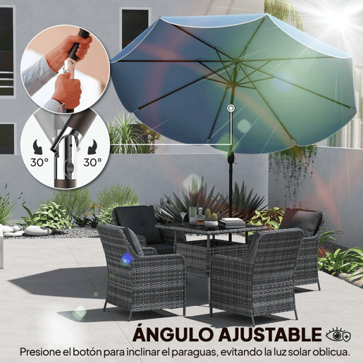 Outsunny Chapéu de Sol para Jardim Ø2,7 m com Inclinação Ajustável, Manivela e Volante Azul Celeste