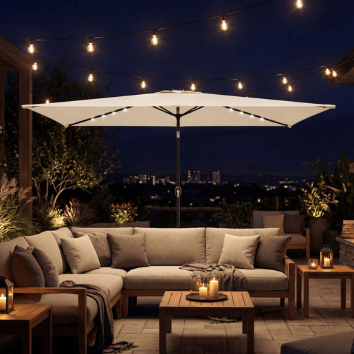 Outsunny Chapéu de Sol de Terraço 2,9x2,5 m com 24 Luzes LED Solares Cobertura Inclinável Poste Metálico Creme
