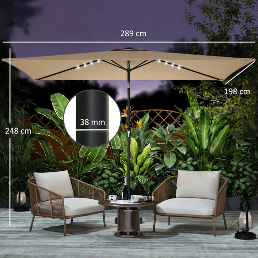 Outsunny Chapéu de Sol de Terraço 2,9x2,5 m com 24 Luzes LED Solares Cobertura Inclinável Poste Metálico Creme