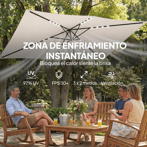 Outsunny Chapéu de Sol de Terraço 2,9x2,5 m com 24 Luzes LED Solares Cobertura Inclinável Poste Metálico Creme