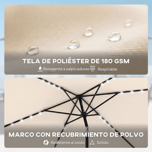 Outsunny Chapéu de Sol de Terraço 2,9x2,5 m com 24 Luzes LED Solares Cobertura Inclinável Poste Metálico Creme