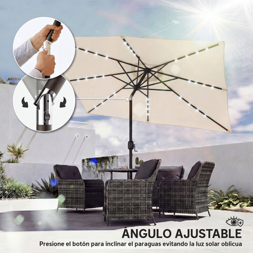 Outsunny Chapéu de Sol de Terraço 2,9x2,5 m com 24 Luzes LED Solares Cobertura Inclinável Poste Metálico Creme