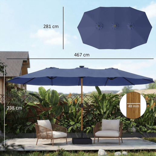 Outsunny Chapéu de Sol Duplo para Jardim 467x281x238 cm Chapéu de Sol de Exterior com Base Incluida Manivela Sacos de Areia Capa de Proteção Anti UV Chapéu de Sol de Jardim Azul Escuro