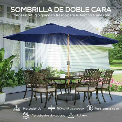 Outsunny Chapéu de Sol Duplo para Jardim 467x281x238 cm Chapéu de Sol de Exterior com Base Incluida Manivela Sacos de Areia Capa de Proteção Anti UV Chapéu de Sol de Jardim Azul Escuro