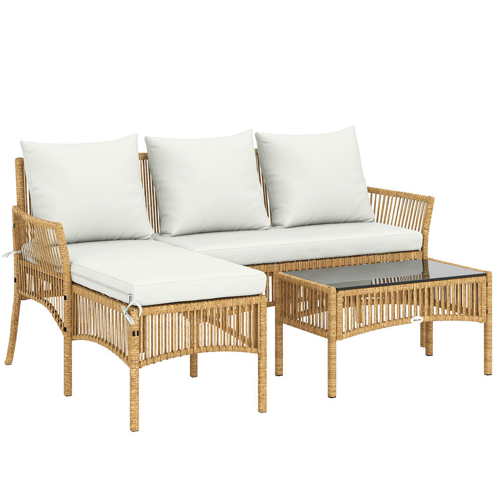 Outsunny conjunto de jardín de ratán de 3 piezas, muebles jardín exterior incluye 1 sofá de 2 plazas, 1 sofá esquinera, 1 mesa de centro con tablero de vidrio templado, cojines, resistente, crema