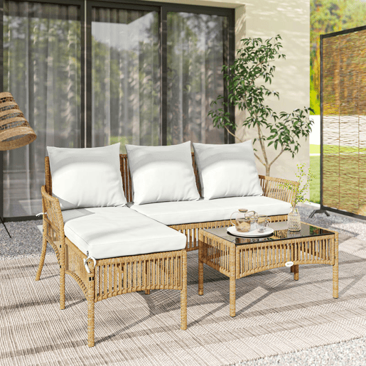 Outsunny Conjunto de Jardim em Vime de 3 Peças Móveis de Exterior com 1 Sofá de 2 Lugares 1 Chaise Longue e 1 Mesa de Centro com Vidro Temperado, Almofadas Resistente Creme